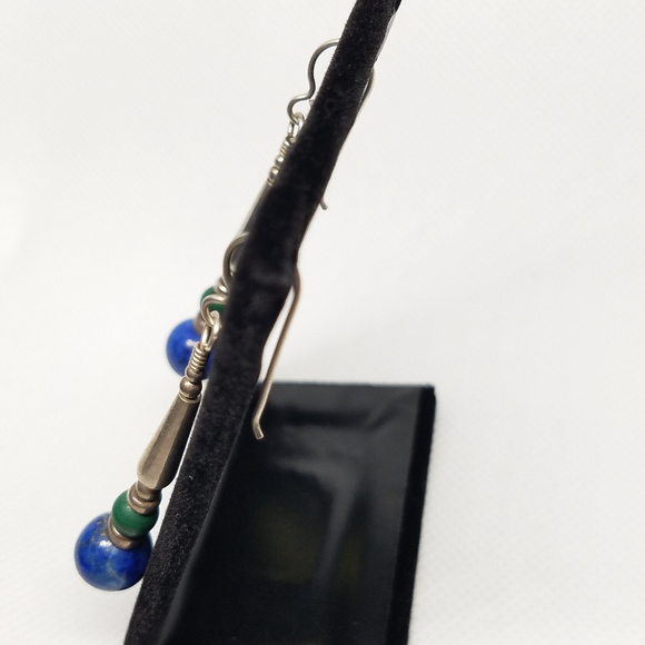 Sterling Silver Blue Agate & Green Stone Earrings - Picture 4 of 4